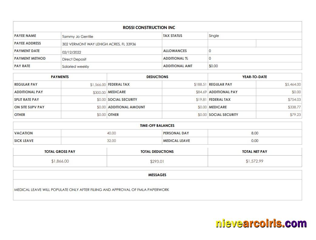 Rossi Construction Inc pay stub
